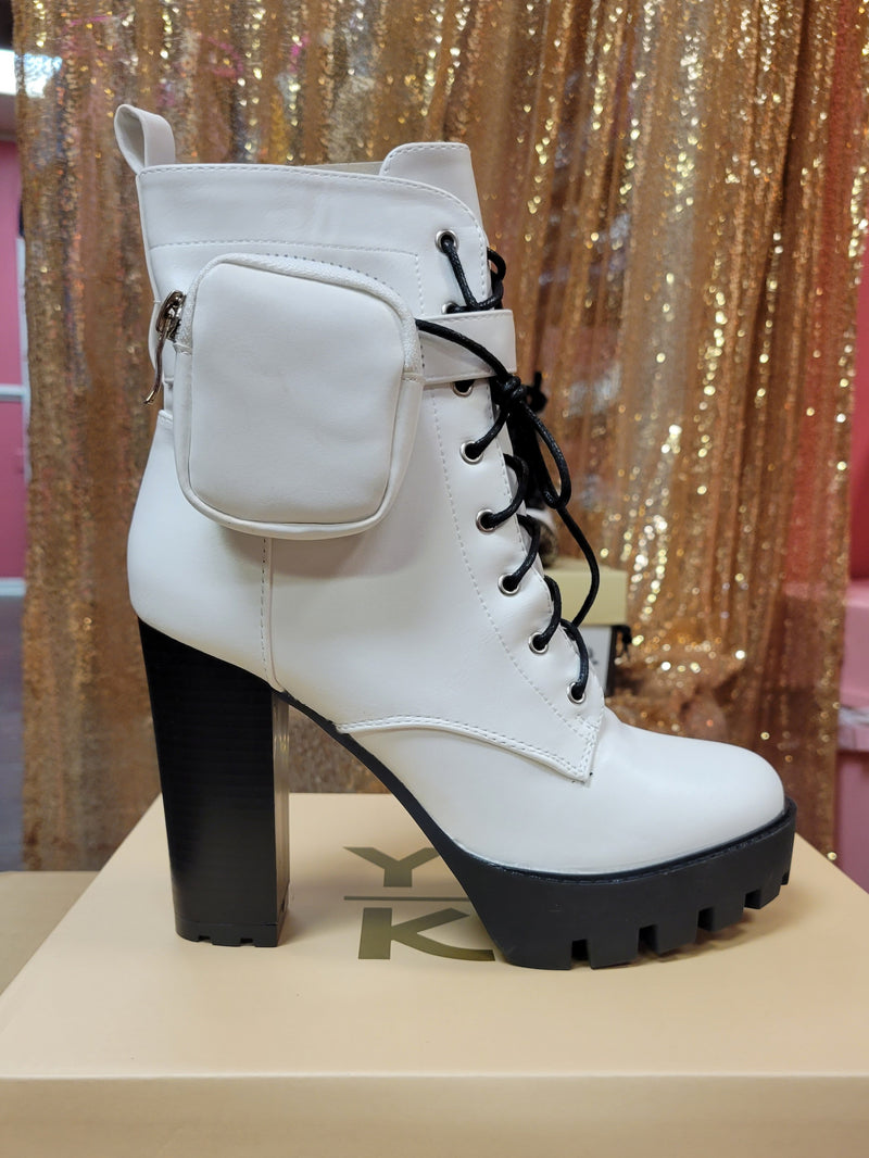 WOMENS CHUNKY HIGH HEEL ANKLE BOOTIES POCKET BOOTS