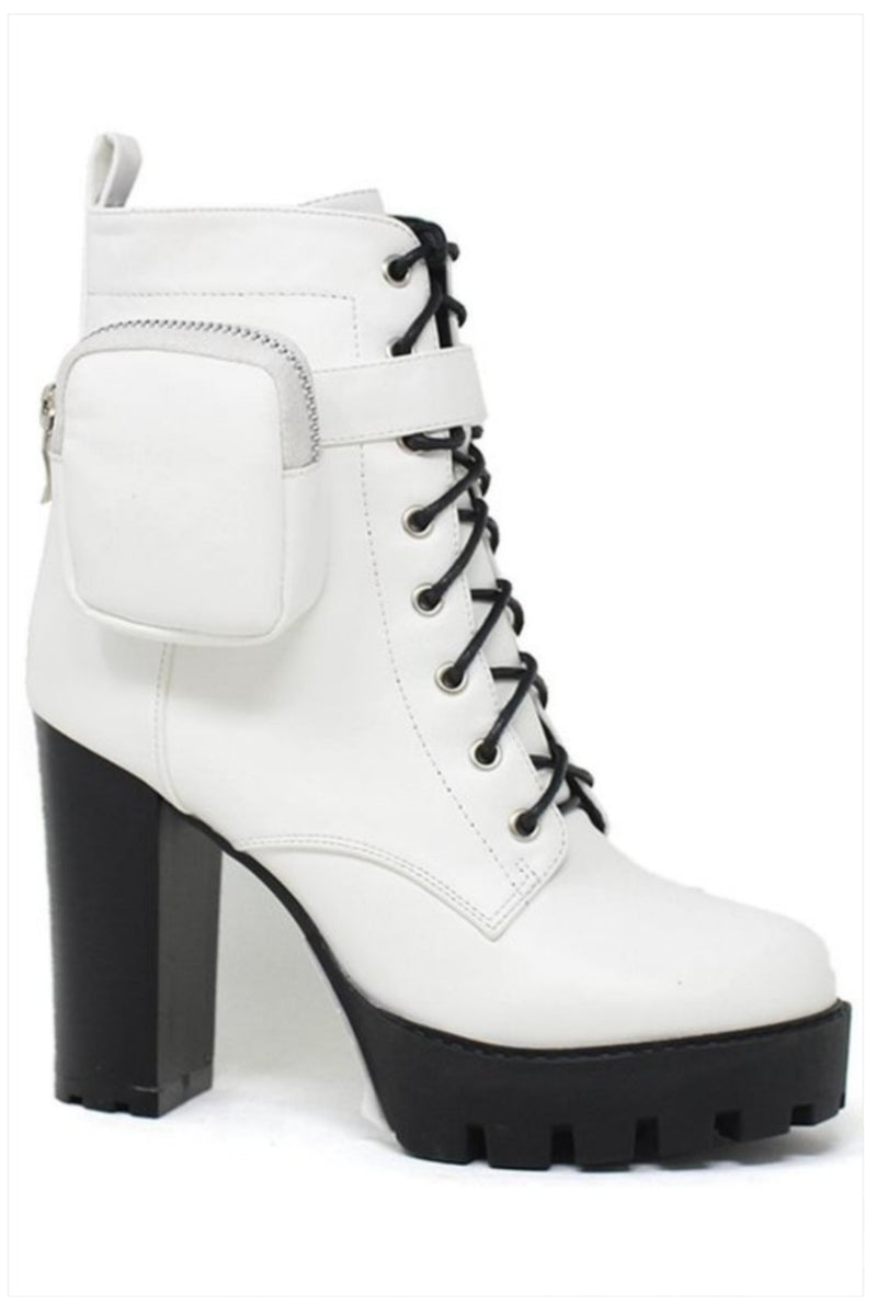 WOMENS CHUNKY HIGH HEEL ANKLE BOOTIES POCKET BOOTS