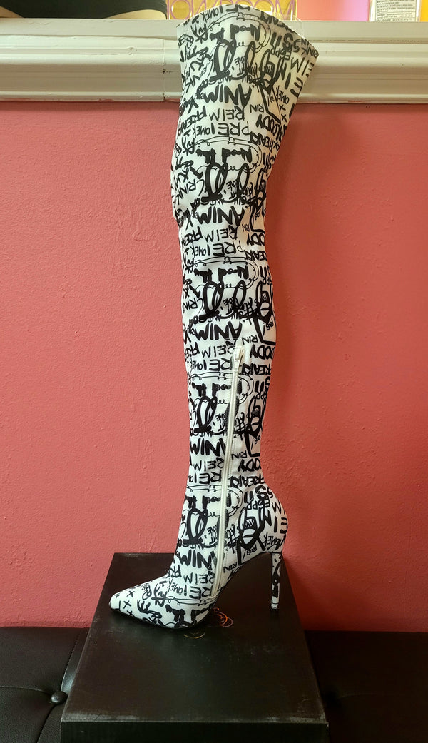 Satin Shine White Over Knee Thigh High Black Graffiti Pointy Toe Boots