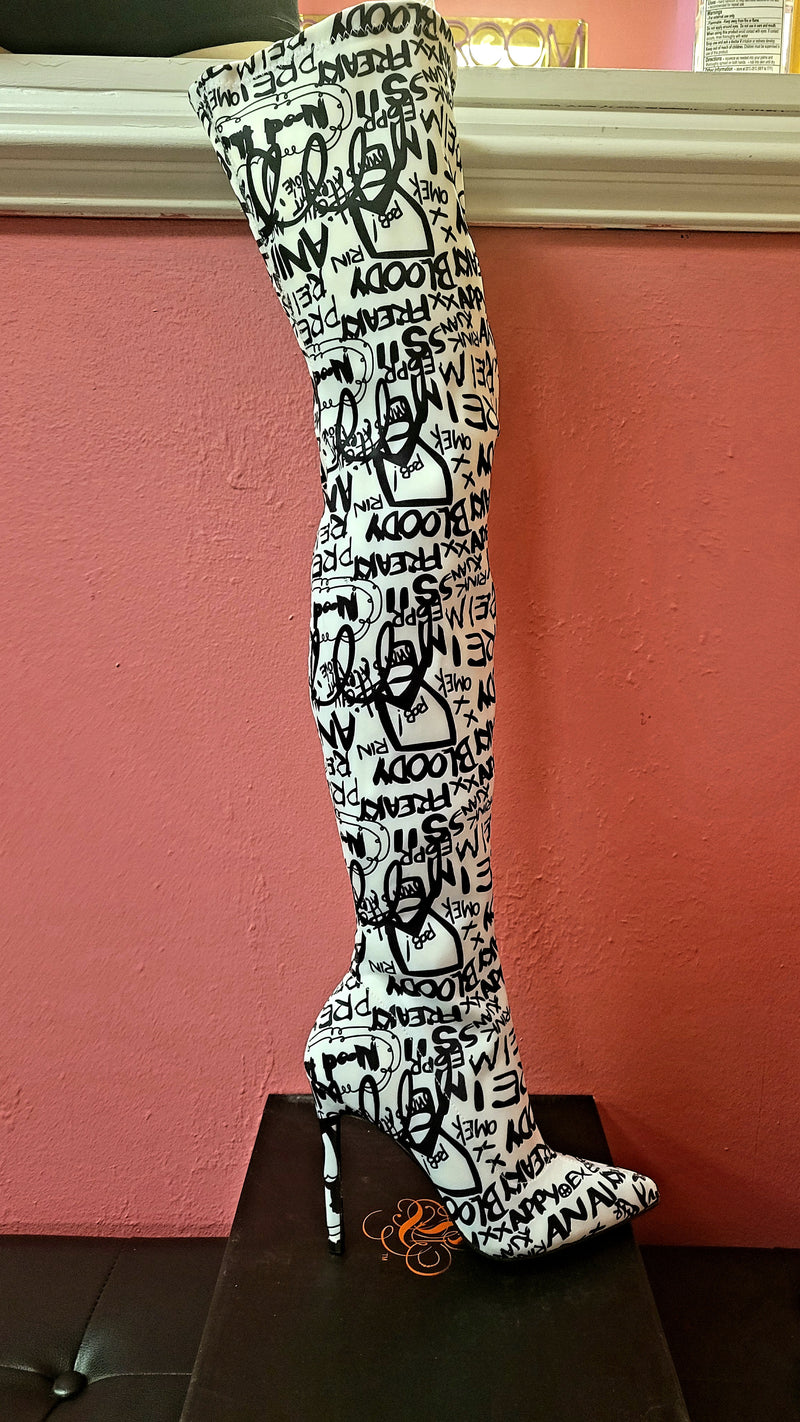 Satin Shine White Over Knee Thigh High Black Graffiti Pointy Toe Boots