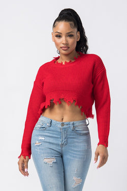 RED DISTRESSED CROP SWEATER TOP