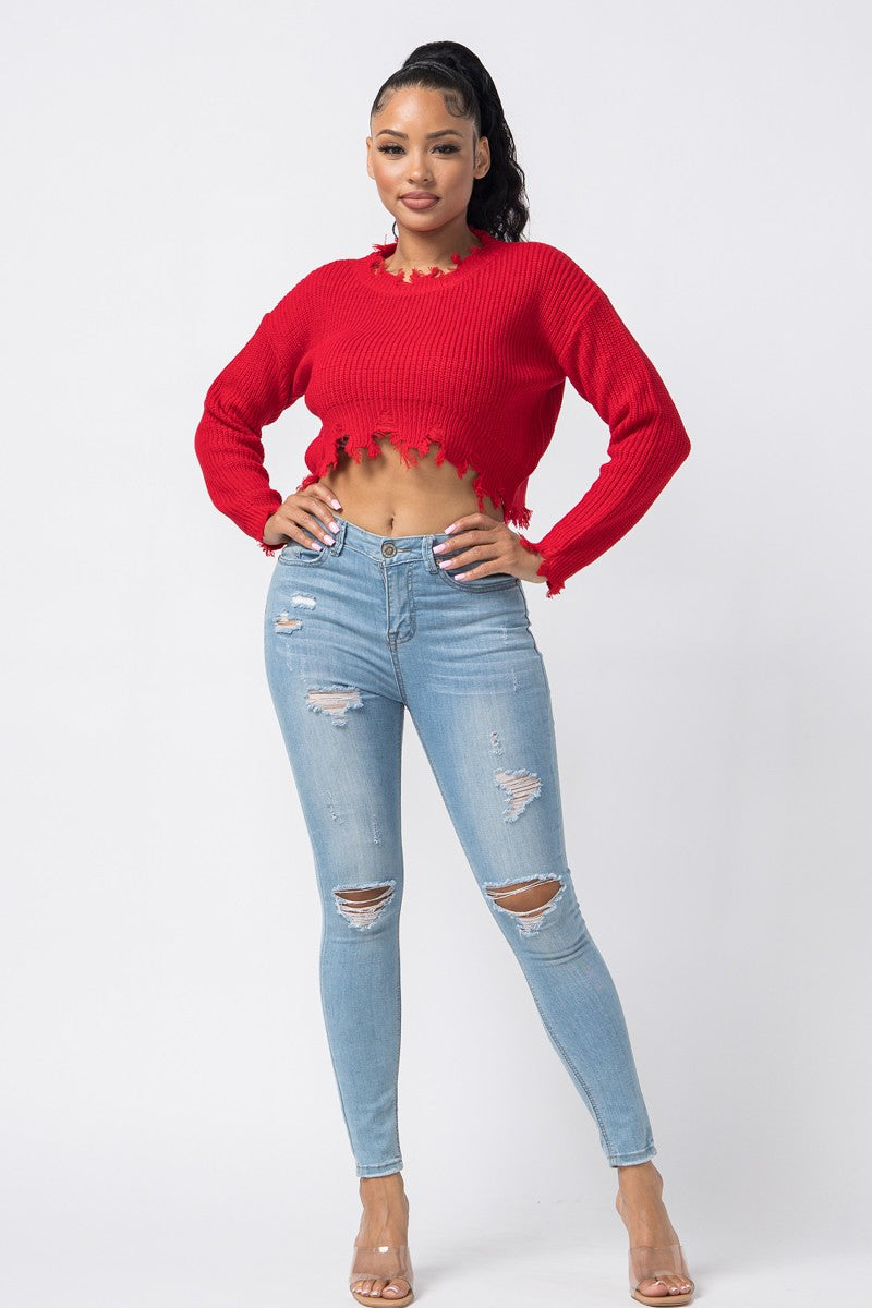RED DISTRESSED CROP SWEATER TOP