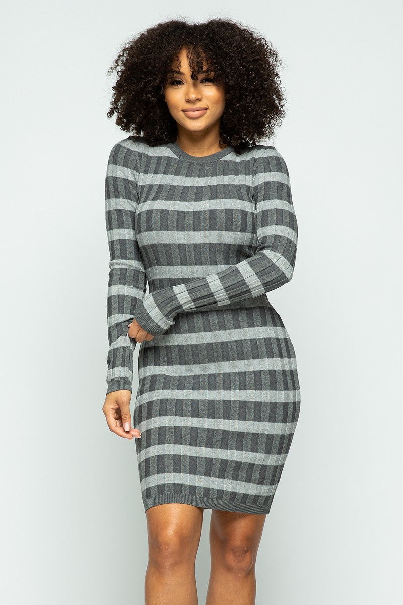 THICK RIBBED KNIT BACK BUTTON STRIPE LONG SLEEVE SWEATER DRESS