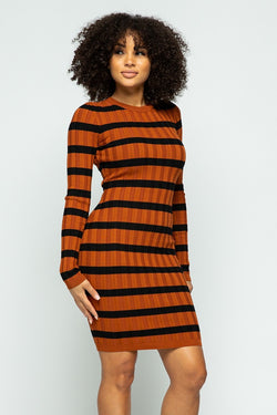 THICK RIBBED KNIT BACK BUTTON STRIPE LONG SLEEVE SWEATER DRESS