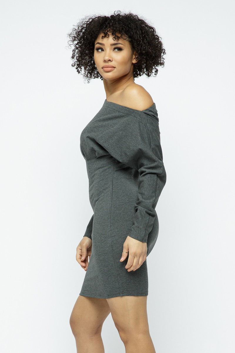 Knit Charcoal Long Sleeve French Terry Drape Off Shoulder Sweater Dress