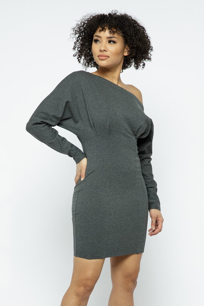 Knit Charcoal Long Sleeve French Terry Drape Off Shoulder Sweater Dress