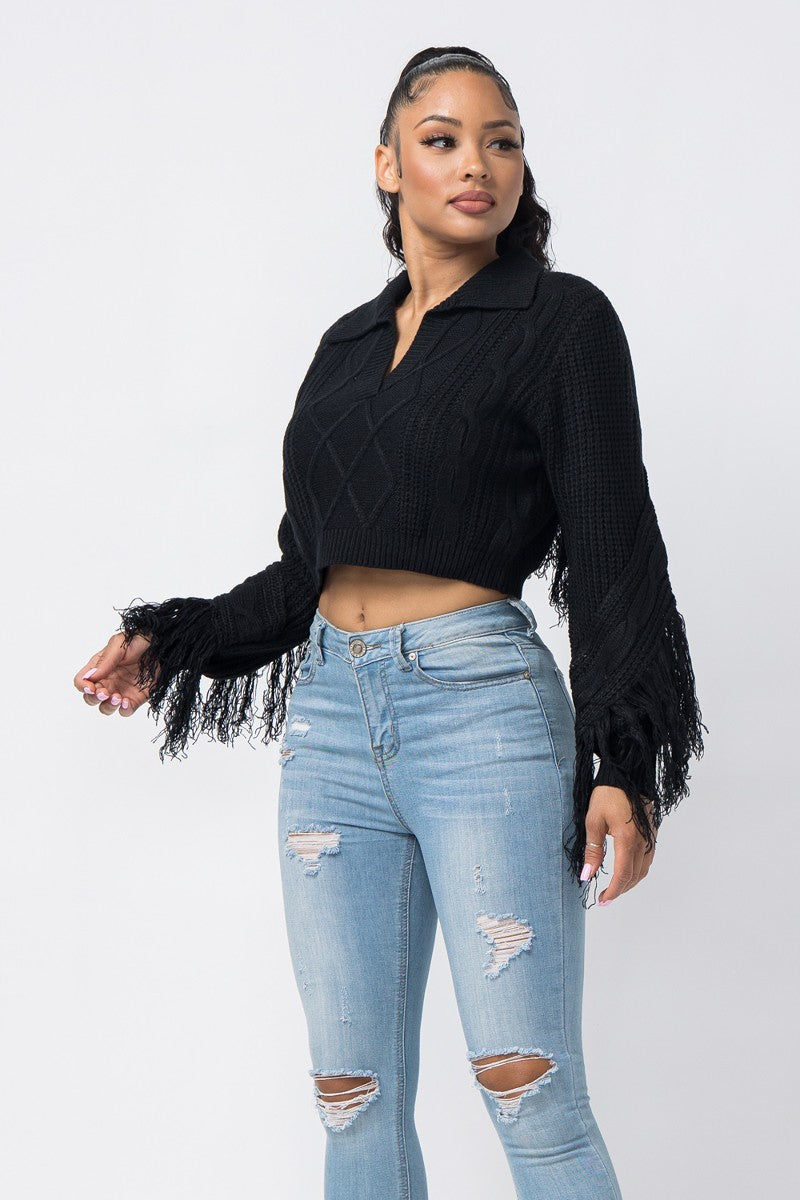 COLLAR CROP SWEATER WITH FRINGE