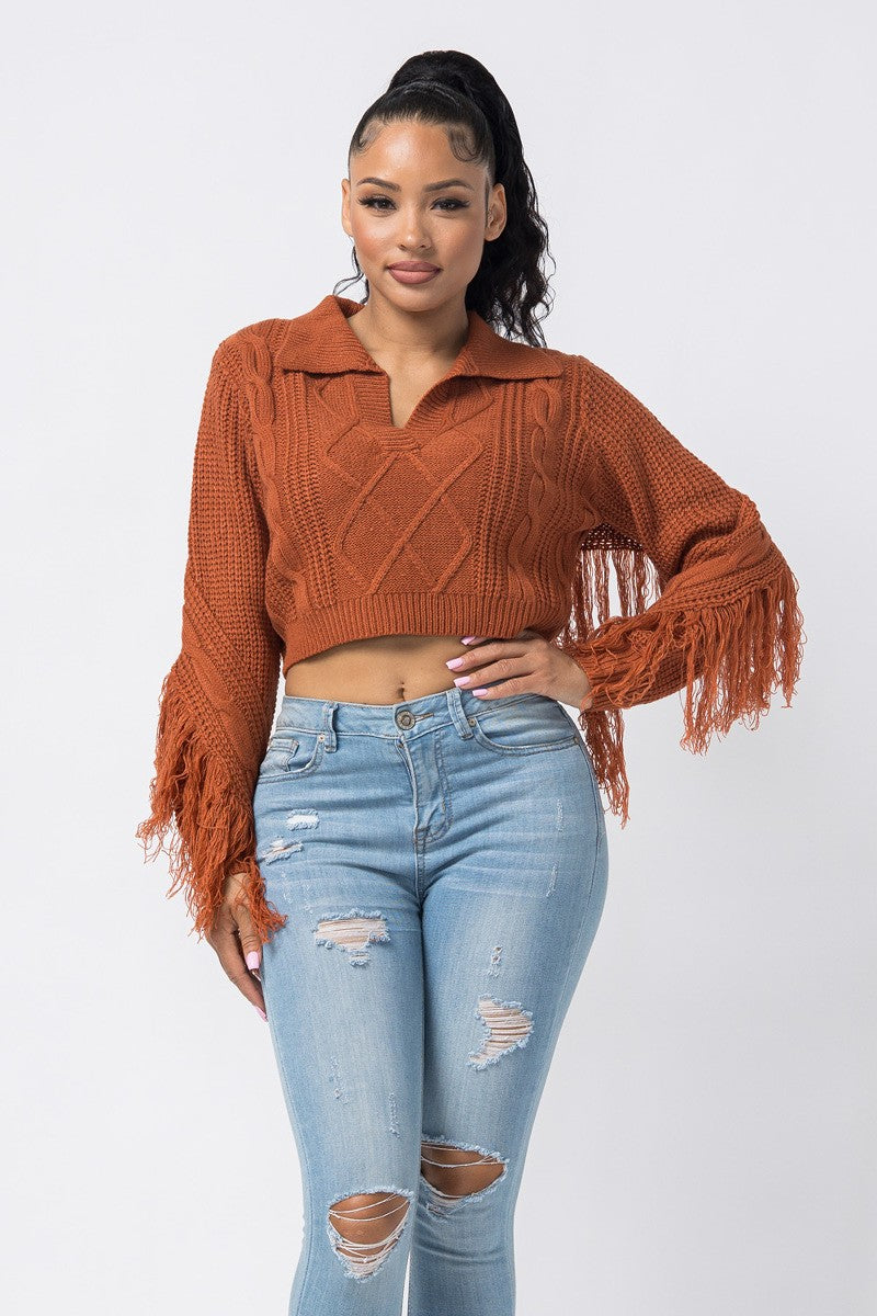 COLLAR CROP SWEATER WITH FRINGE