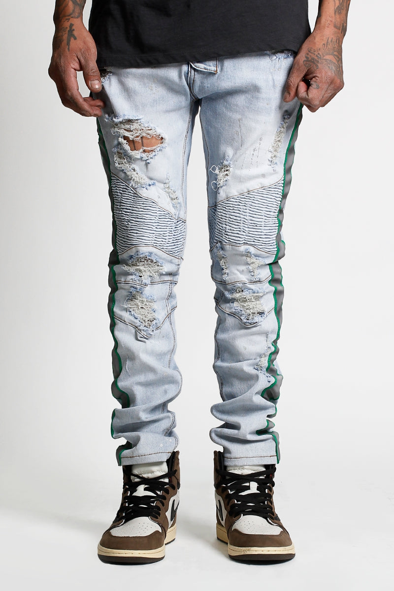 men's MOTO ripped skinny JEANS With green stripe SAFETY reflector TAPE