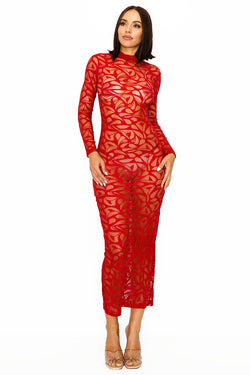 Red sheer long sleeve mock neck floral lace midi dress