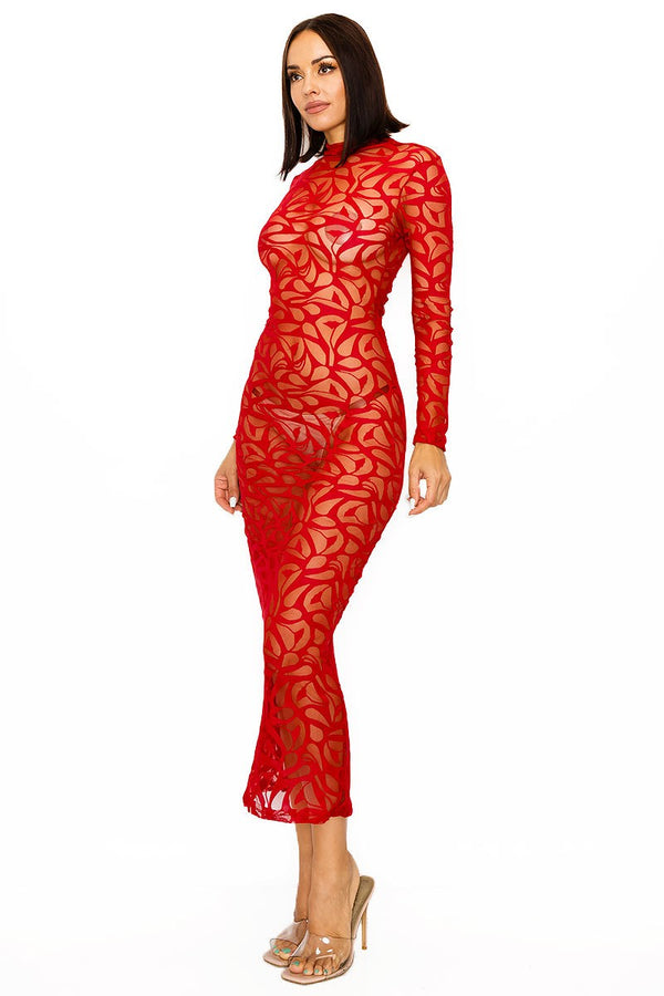 Red sheer long sleeve mock neck floral lace midi dress