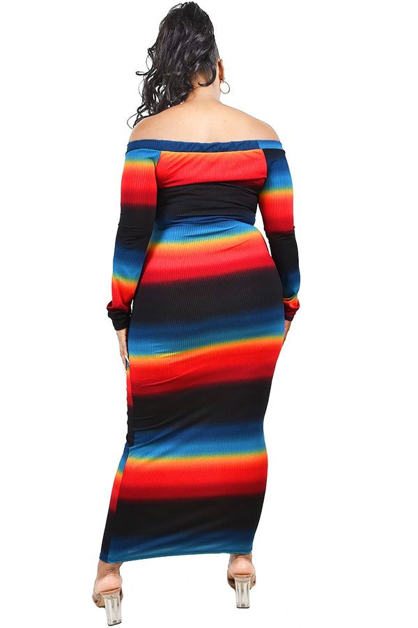 Plus size rib knit stripe off shoulder bodycon maxi dress