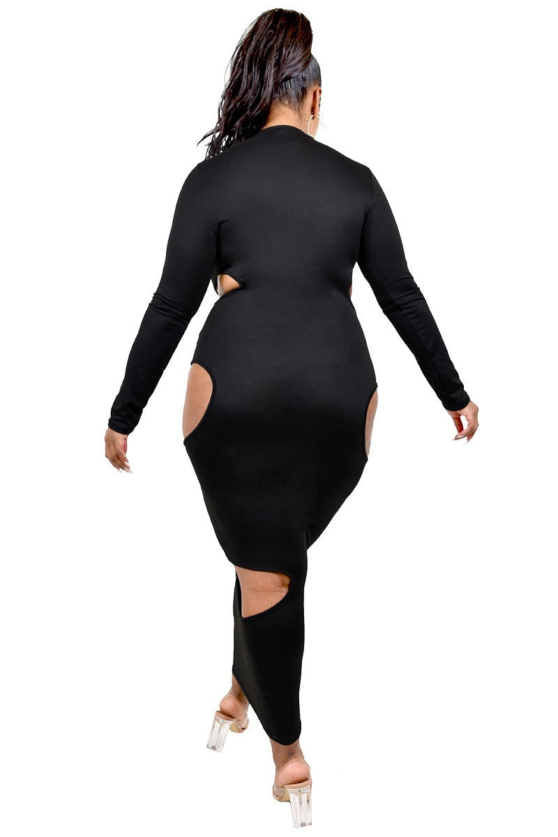 Plus size side cutout midi long sleeve bodycon dress