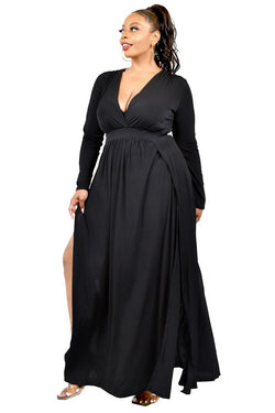 Plus size black long sleeve Deep V high slit maxi dress