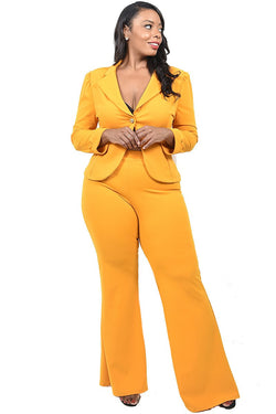 Plus Size 2pc One Button Casual Yellow Suit Jacket Wide Leg Pants Suit