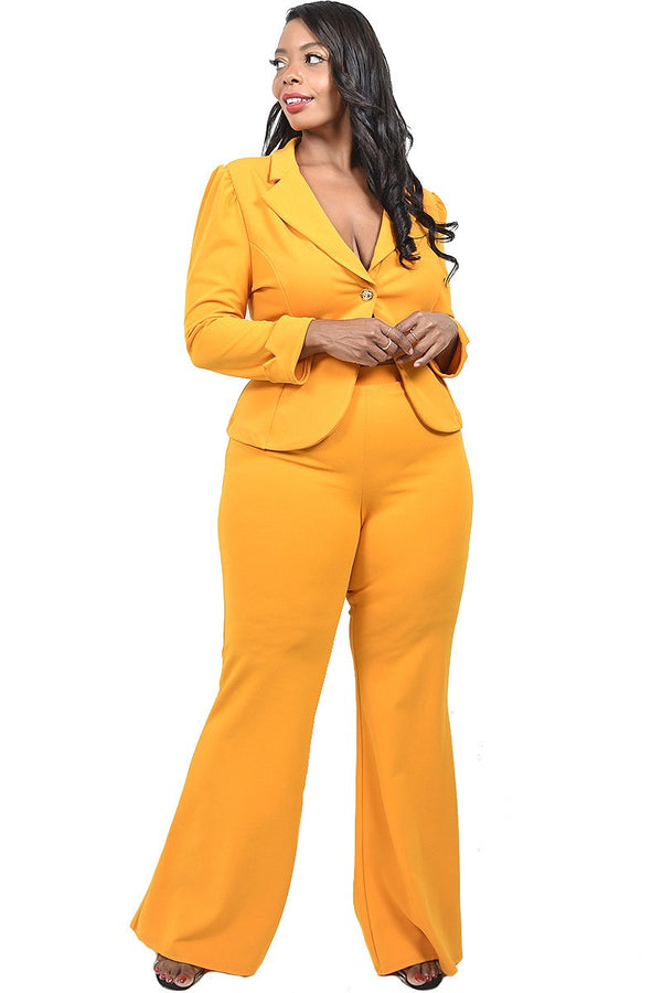 Plus Size 2pc One Button Casual Yellow Suit Jacket Wide Leg Pants Suit