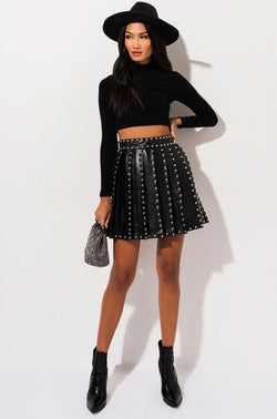 Faux Leather All Over Silver Studded Pleated A Line Skater Skirt