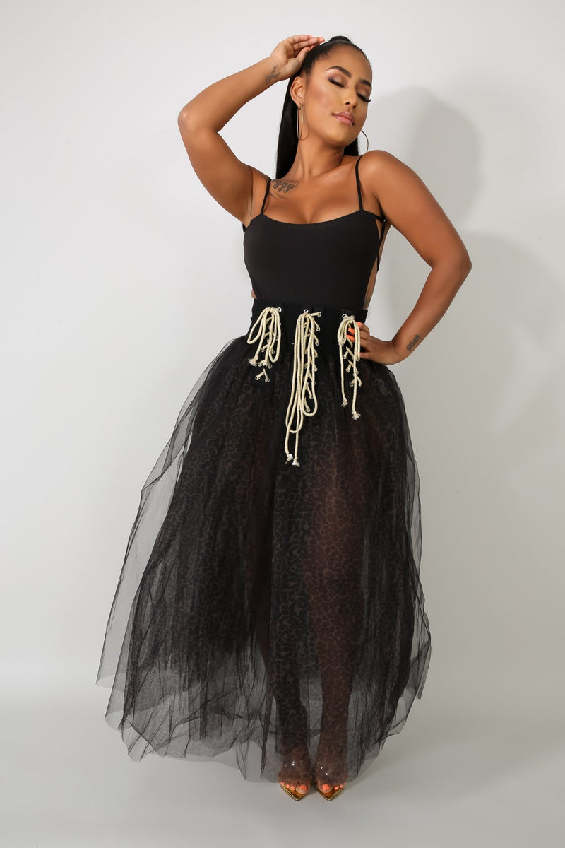 Wild Lace Up Leopard Tulle Maxi Skirt