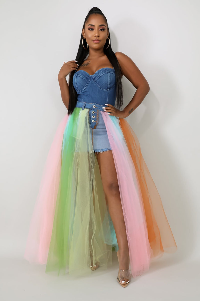 Color Tulle Denim Maxi Skirt