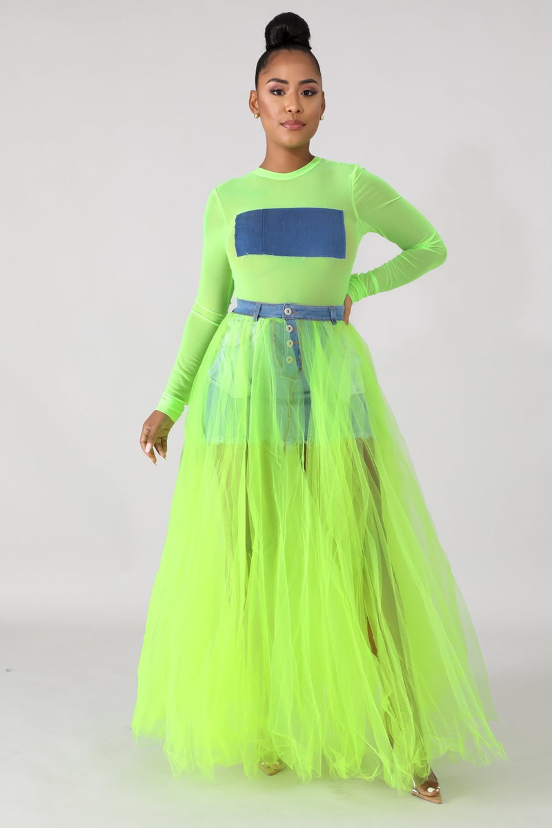 Raw Neon Lime Tulle Denim Maxi Skirt