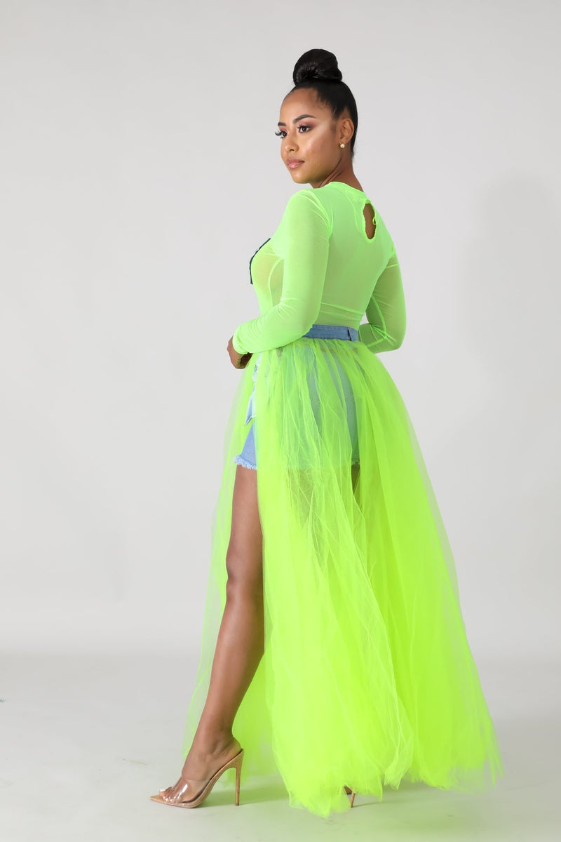 Raw Neon Lime Tulle Denim Maxi Skirt