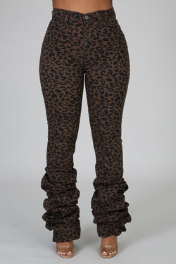 Wild Leopard Pants Ruched Stacked Jeans