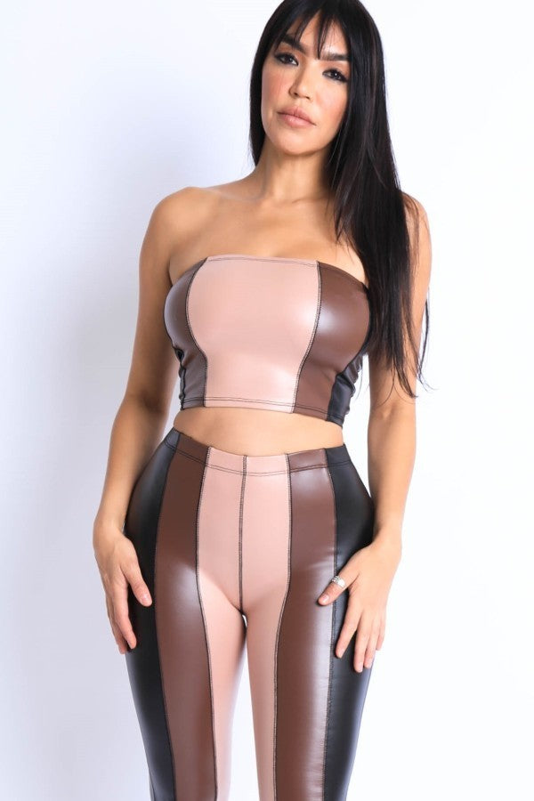 Faux Leather Color Block Tube Top and Flared Pants Set