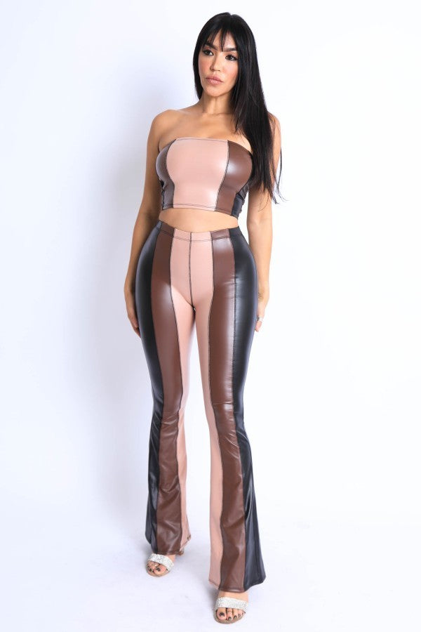 Faux Leather Color Block Tube Top and Flared Pants Set