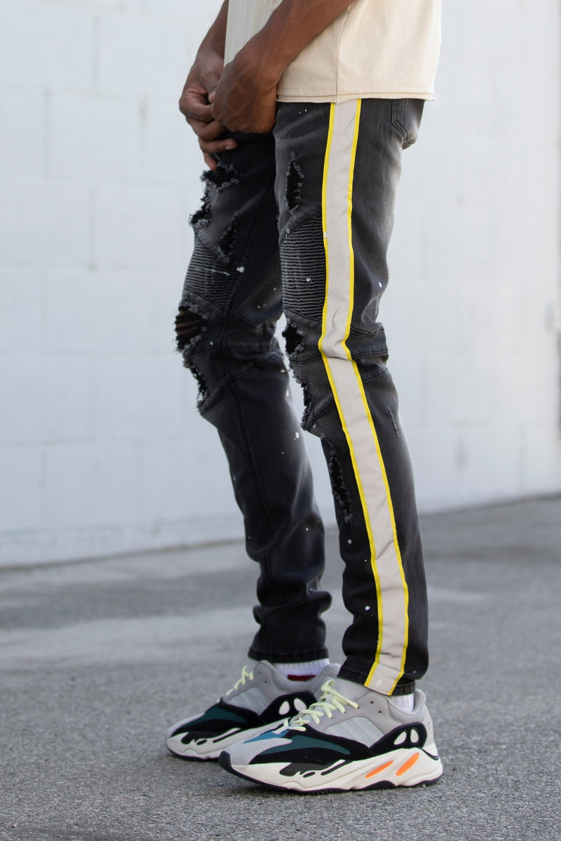 MOTO BLACK skinny mens jeans With YELLOW SAFETY reflector TAPE