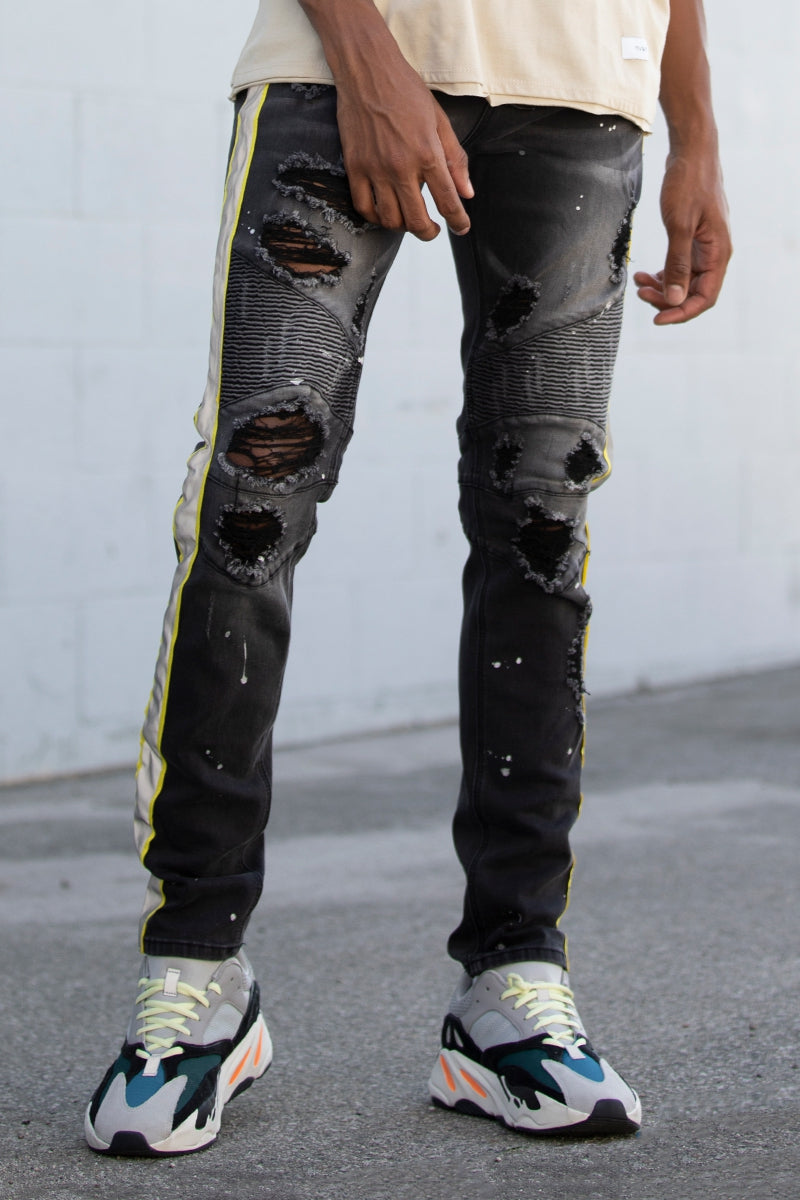 MOTO BLACK skinny mens jeans With YELLOW SAFETY reflector TAPE
